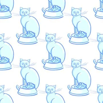 Cat with bowl on white background vector illustration endless pattern Illustrazione stock