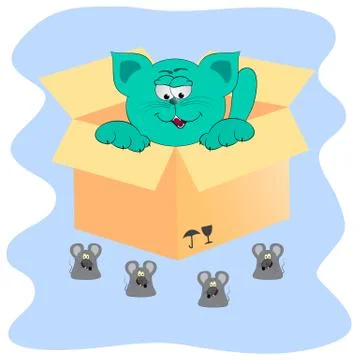 Cat in the box and mice. Stock Illustration