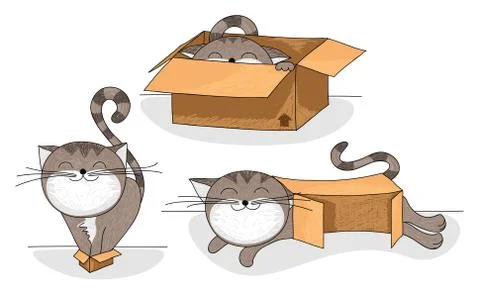 Cat in box cartoon set Stock Illustration
