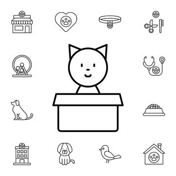 Cat in box flat vector icon in petshop pack Stock Illustration