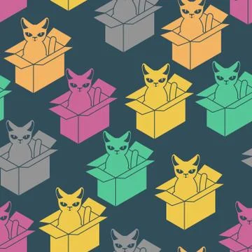 Cat in box pattern. Pet in cardboard box background. vector texture 스톡 일러스트