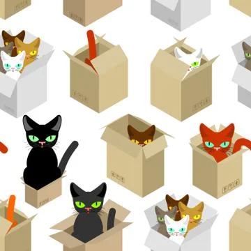 Cat in box pattern. Pet in cardboard box background. vector texture Stockillustratie
