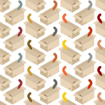 Cat in box pattern seamless. Pet sits in box and sticks out its tail backgrou Stock Illustration