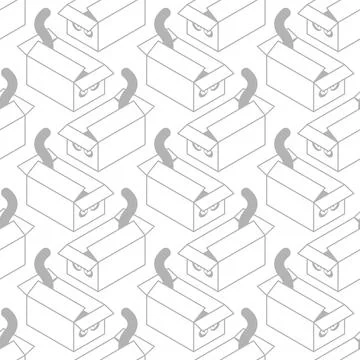 Cat in box pattern seamless. Pet sits in box and sticks out its tail backgrou Stock Illustration