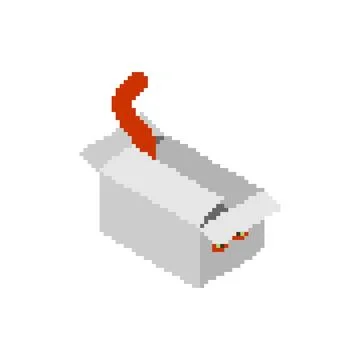 Cat in box pixel art. 8 bit Pet sits in box and sticks out its tail Stock Illustration