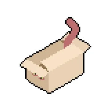 Cat in box pixel art. 8 bit Pet sits in box and sticks out its tail Stock Illustration
