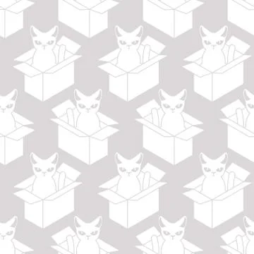 Cat in box white texture. Pet in cardboard box background. vector pattern Stock Illustration