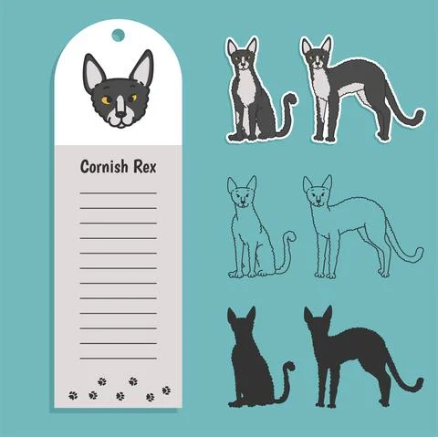 Cat breed cornish rex. Set of stickers, silhouettes and contour line doodle Stock Illustration