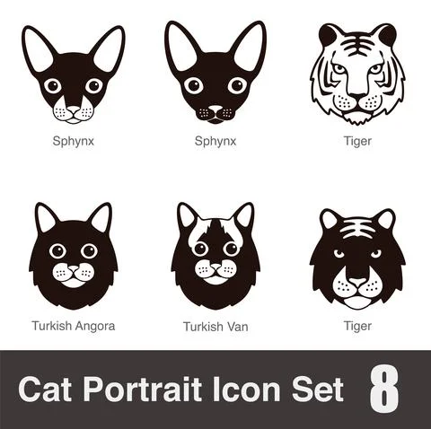 Cat breed face cartoon flat black icon series, vector illustration Stock Illustration