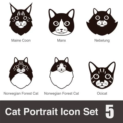 Cat breed face cartoon flat black icon series, vector illustration Stock Illustration