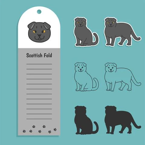 Cat breed scottish fold. Set of stickers, silhouettes and contour line doodle Stock Illustration