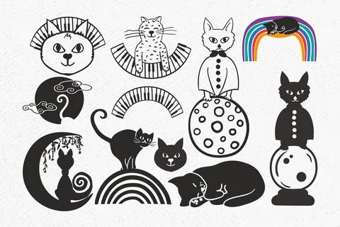 Cat bundle, cat, kitty, cat on a rainbow, cat on a moon, cat on a crystal ball Stock Illustration