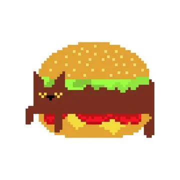 Cat in burger pixel art. 8 bit Pat in burger. Stock Illustration