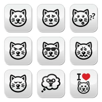 Cat buttons set - happy, sad, angry isolated on white Stock Illustration