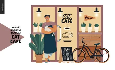 Cat cafe - small business graphics - owner at the shop front Stock Illustration