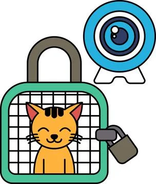 A cat is in a cage with a camera and a lock Stock Illustration