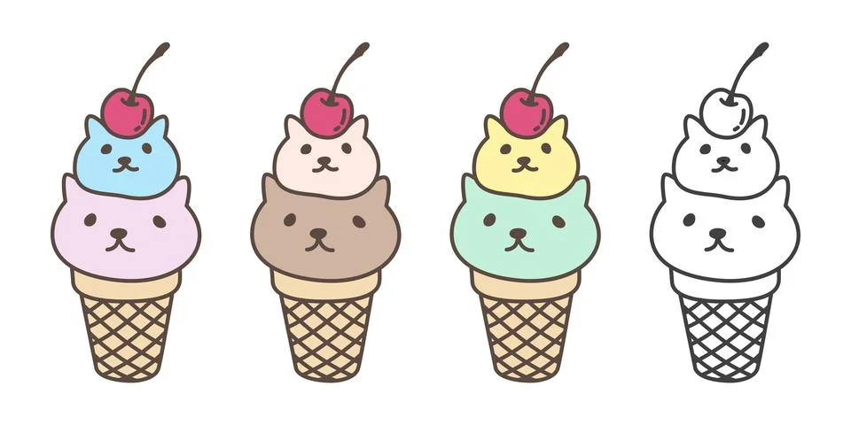 Cat calico bear vector ice cream cone cheery character illustration icon cartoon Stock Illustration