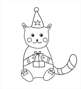 Cat in cap with gift on white Stock Illustration