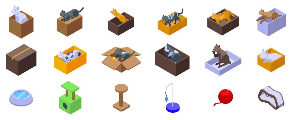 Cat cardboard box icon set. Cats playing and relaxing with boxes, scratchin.. Stock Illustration