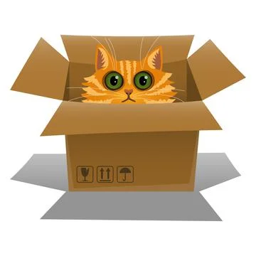 Cat in a cardboard box. Kitten is looking out of a box. Vector illustration. Stock Illustration