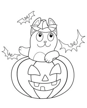 The cat is celebrating Halloween - vector linear illustration for coloring. Stock Illustration