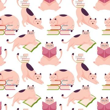 Cat character back to school seamless pattern in flat style. Happy cute cats Stock Illustration
