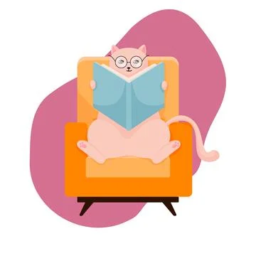 Cat character in glasses study flat. Cat sits on a armchair and reads a book Stock Illustration