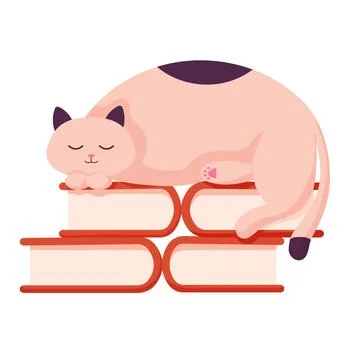 Cat character sleeping on books. Vector kitten icon, logo cartoon flat Stock Illustration