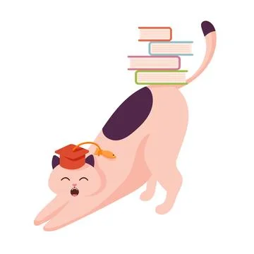Cat character study with book in flat style. Stretching cat with books isolated Stock Illustration