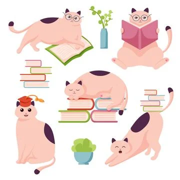 Cat character study flat collection. Set of smart cat characters reading a book Stock Illustration