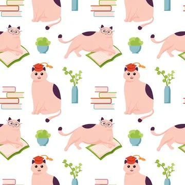 Cat character study seamless pattern in flat style. Happy cute cats character in Illustrazione stock