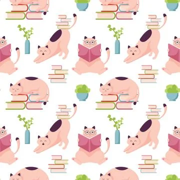 Cat character study seamless pattern in flat style. Background with happy cute 스톡 일러스트