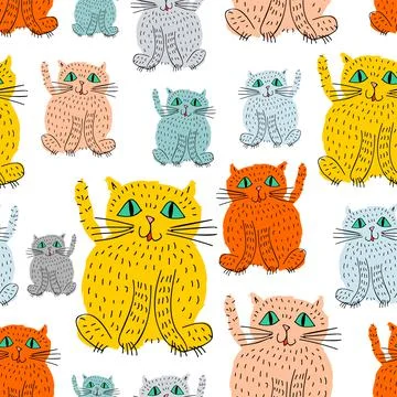 Cat childrens hand drawing pattern seamless. Baby fabric texture Stock Illustration