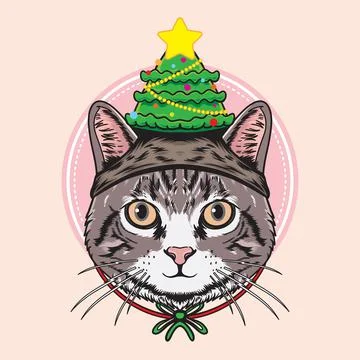Cat Christmas use Pine Hat Illustration Stock Illustration
