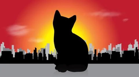 Cat in the city at sunset Stock Illustration