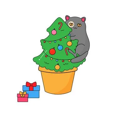The cat climbed up the cactus tree. New Year and Christmas. Stock Illustration