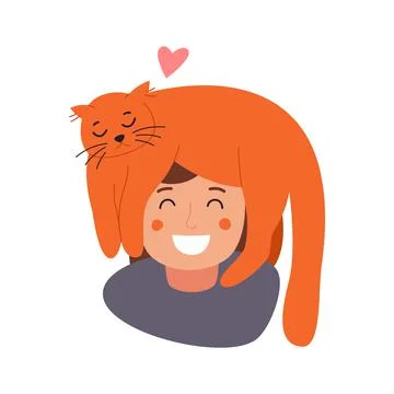 A cat climbing over a man s head. A woman holding a cute cat. hand drawn style Stock Illustration