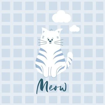 Cat with clouds on checkered background with word meow. Flat design. Vector i 스톡 일러스트
