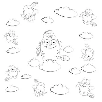 Cat in the clouds surrounded by flying cat Stock Illustration