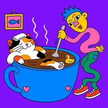 Cat in Coffee Cup with Stirring Man Stock Illustration