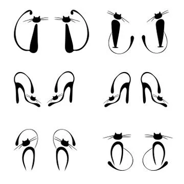 Cat collection - vector silhouette, set of black and white icons Stock Illustration