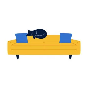 Cat on comfy sofa. Cat sleeping cozy couch, happy playful pet, domestic animal Stock Illustration