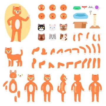 Cat constructor vector animal character creation of feline kitty head paw Stock Illustration