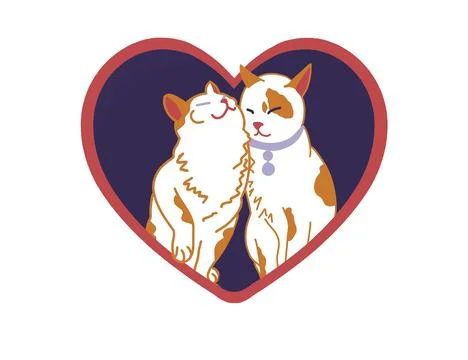 Cat couple and a heart composition. Illustrations made of cats on blue Stock Illustration