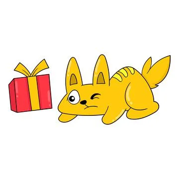 The cat is curious about the contents of the gift box, doodle icon image kawa Stock Illustration