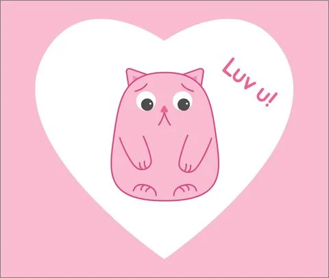 Cat cute on a white heart, text love you, luv u Stock Illustration