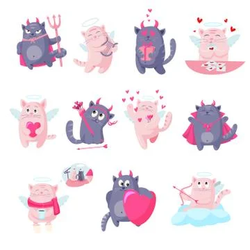 Cat devil cupid angel cartoon characters Valentine Day vector illustration Illustrazione stock