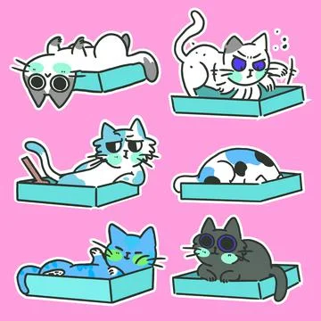 Cat in different poses with box cartoon set Stock Illustration