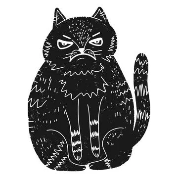 Cat dissatisfied fat. Black vector element, linocut Stock Illustration