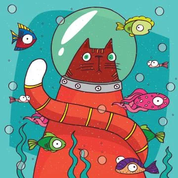 Cat in diving suit on the bottom of aquarium Stock Illustration